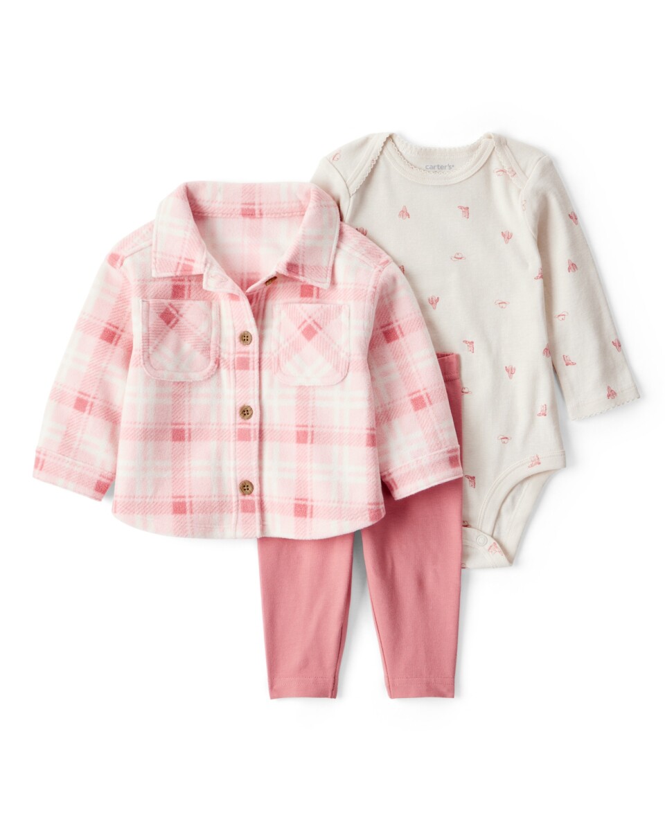 Set tres piezas, pantalón y body de algodón, más camisa de micropolar 