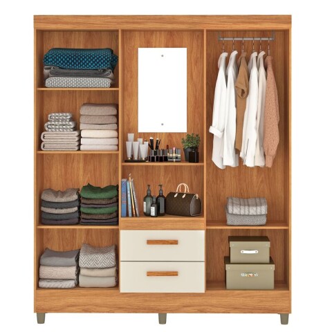 Ropero 4 Puertas 2 Cajones con Espejo, Perchero y Tocador 150cm MDP - Cinamomo Off White Ropero 4 Puertas 2 Cajones con Espejo, Perchero y Tocador 150cm MDP - Cinamomo Off White