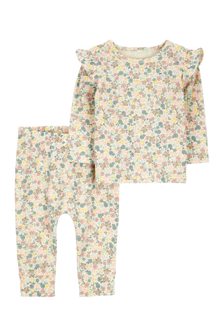 Set dos piezas de algodón, pantalón y remera, diseño floral Sin color