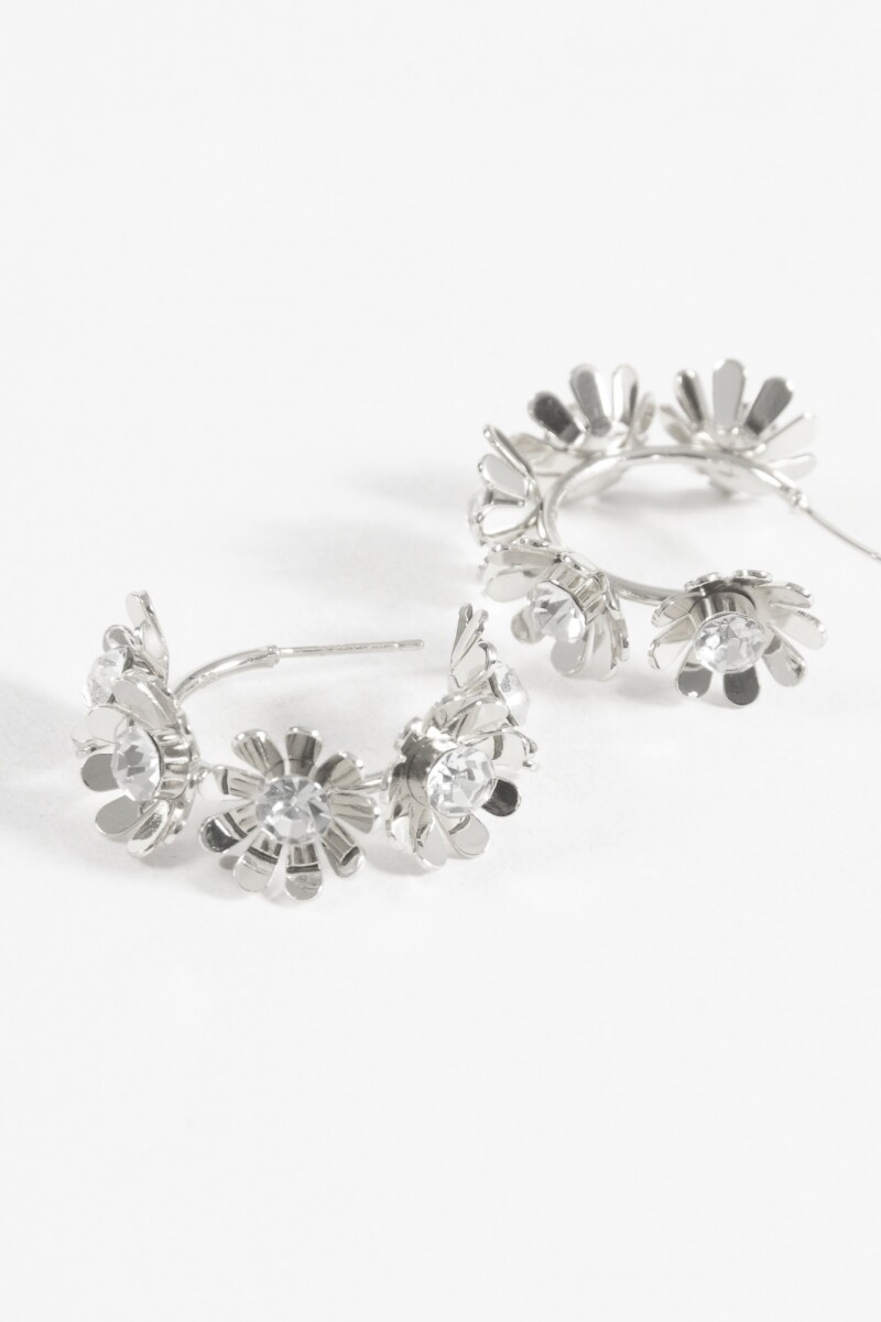 Aros flor strass plateado