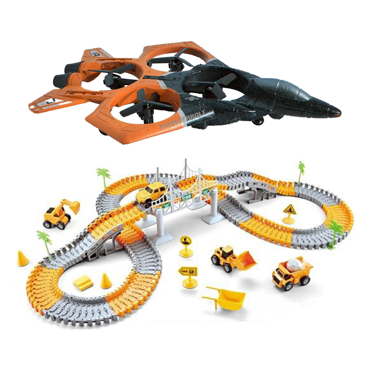 Set Pista Carreras Flexible Ciudad 190P + Avión Dron Remoto - Naranja 