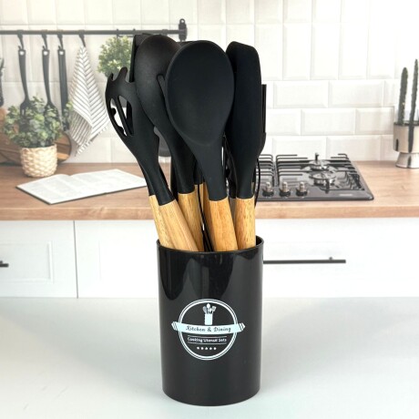 Set de Utensilios de Cocina de Silicona con Mango de Madera – 12 Piezas | NEGRO Set de Utensilios de Cocina de Silicona con Mango de Madera – 12 Piezas | NEGRO