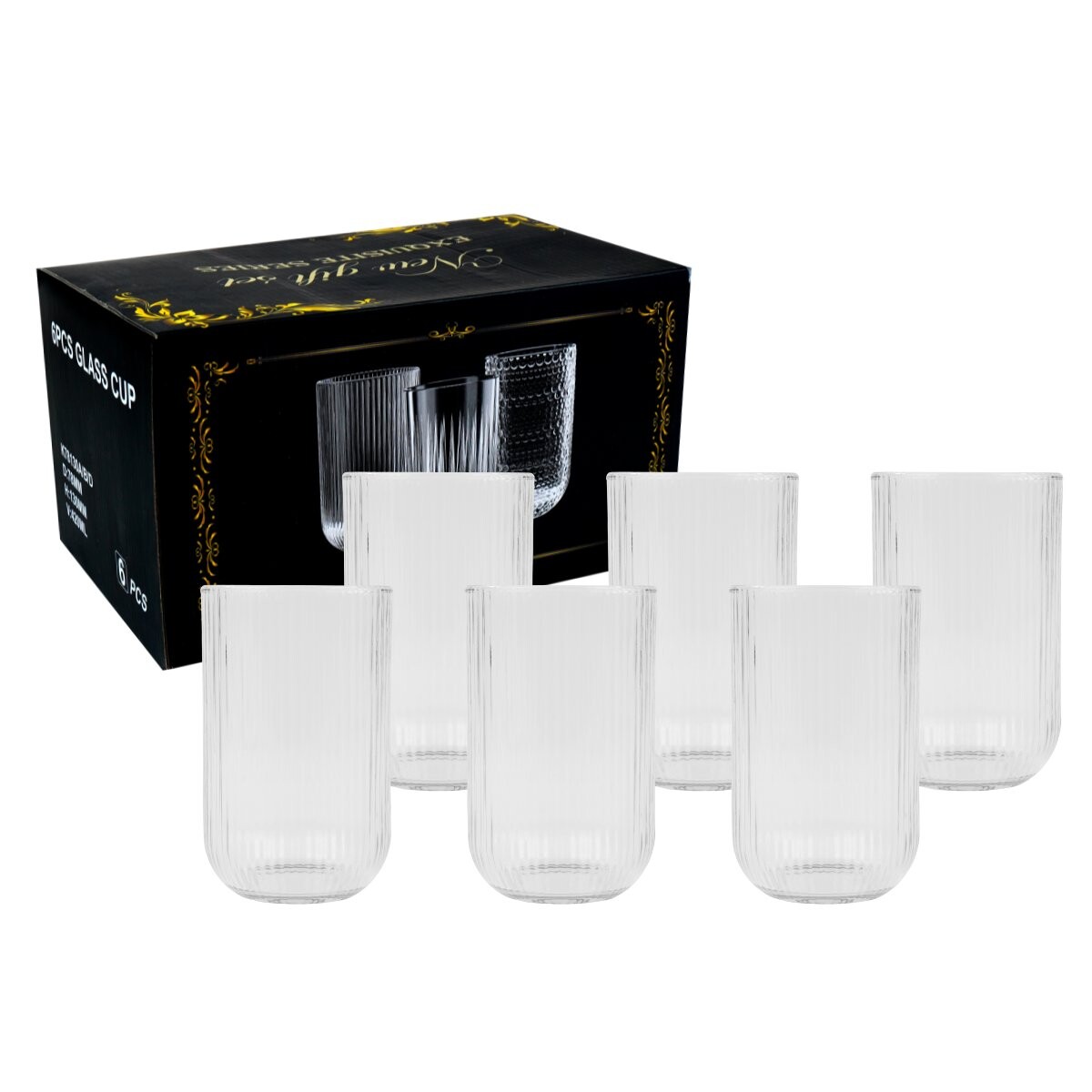 Set de 6 vasos de vidrio labrados 420ml 