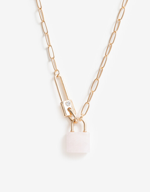 Cadena Corta con Dije Piedra Collar Con Dije Candado Y Llave - Dorado