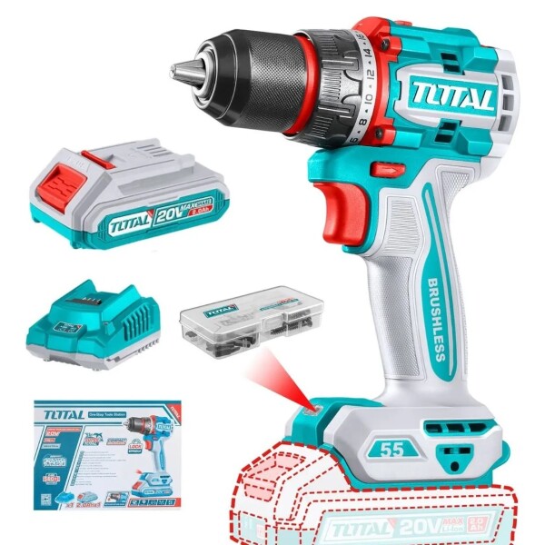 Taladro Atornillador Brushless 20V 55Nm con Batería y Accesorios Total Taladro Atornillador Brushless 20V 55Nm con Batería y Accesorios Total
