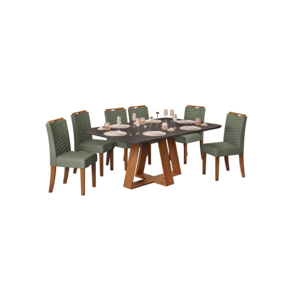 Conjunto Comedor 1600 Con Vidrio Celeste 6 Sillas Julia DJ Freijo | Gris Urbano Silla Linho Mate 