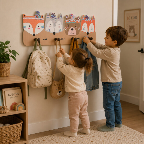 Perchero Infantil De Pared Animales 4 Ganchos Redondeado MDF Marrón 1