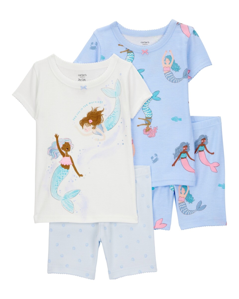 Pijama cuatro piezas de algodón, dos bermudas y dos remeras, diseño sirenas 