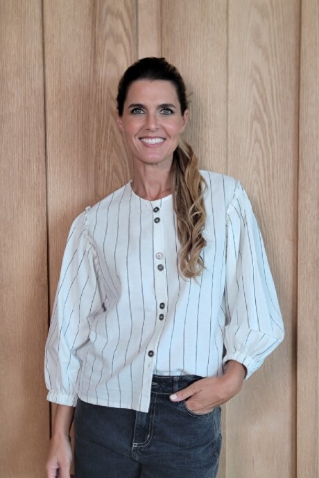 Camisa Melón Lino Raya Crudo y gris