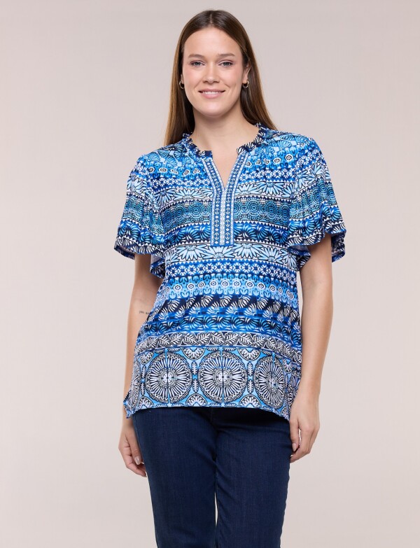 Blusa Estampada Con Escote V Y Manga Mariposa AZUL/MULTI