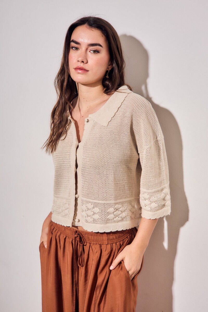 Cardigan Texturado Crochet Flores Beige Melange