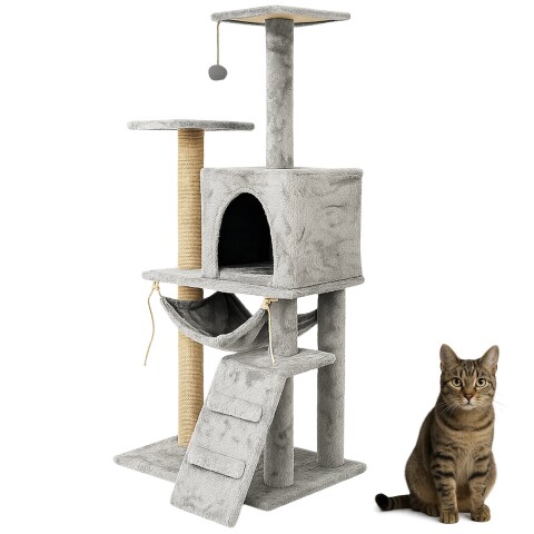 Gimnasio Rascador Para Gato Torre Casa Hamaca Escalera Variante Color Gris Claro