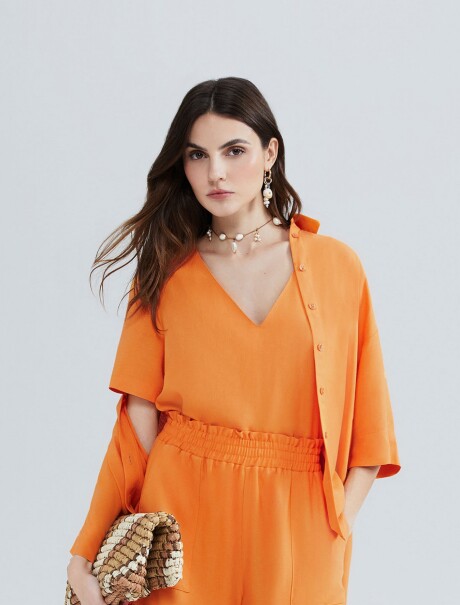 BLUSA MANGA CORTA DE LINO NARANJA