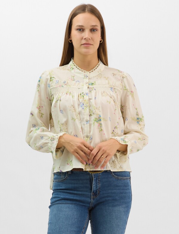 Blusa De Algodón Estampado Con Puntilla CRUDO/MULTI