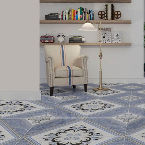 CERAMICA GEOMETRICA 45X45 BRILLANTE AZUL DECORADA GAMAS DE AZUL