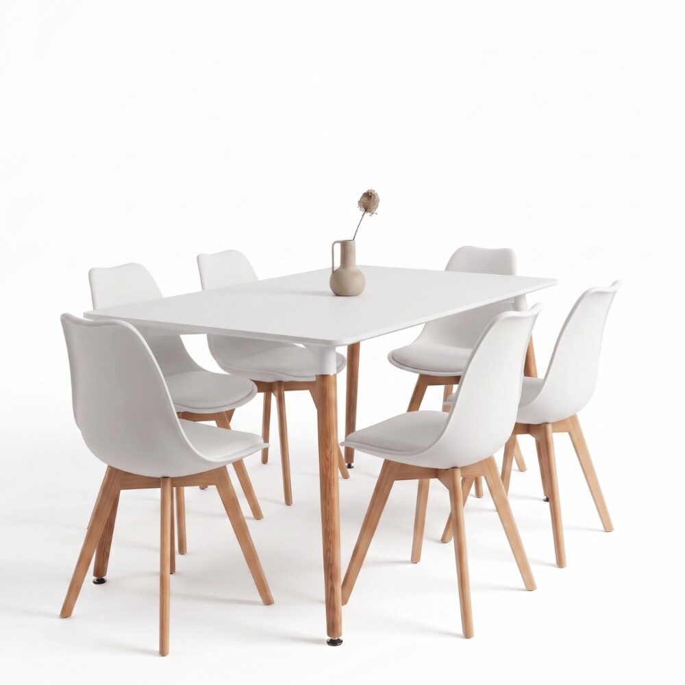 Juego de Comedor 6 Sillas Eames acolchada 120 Blanco