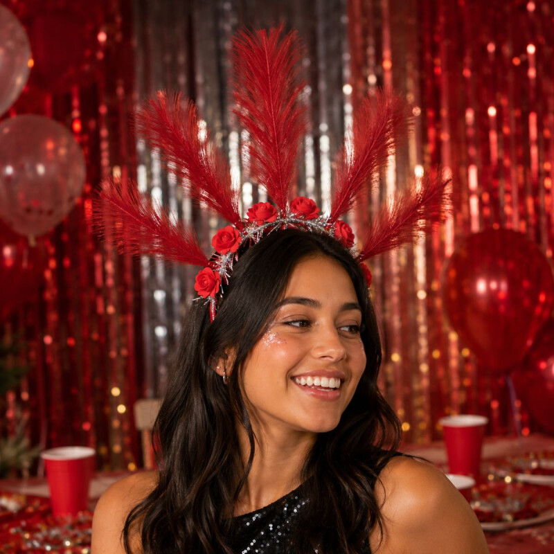 Vincha con Flores Y Plumas Rojo