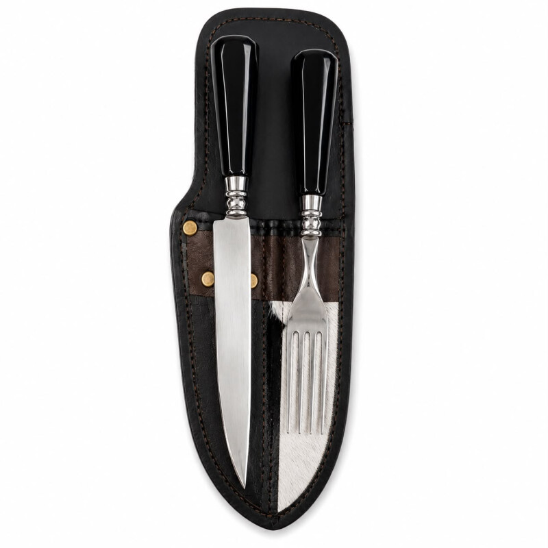 Set de Asado Artesanal - Cuchillo y Tenedor Parrillero Guampa o Hueso N°5 Negro