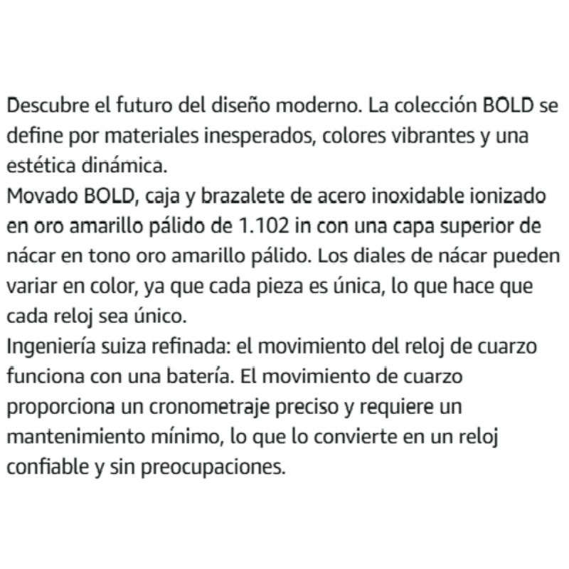 MOVADO DAMA BOLD , MOVIMIENTO SUIZO , DOS AÑOS DE GRANTIA 22m3601085