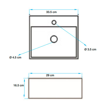 BACHA RECTANGULAR DE APOYO Y/O COLGAR BLANCA BRILLO 33,5x29x11,5 con 1 agujero para monocomando 000