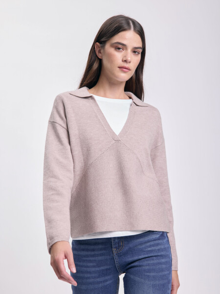 Buzo punto cuello polo Beige