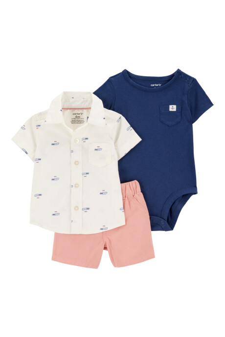 Set tres piezas de algodón, short, camisa y body, diseño marítimo Sin color
