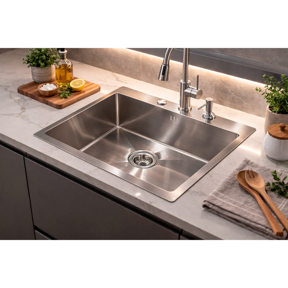 PILETA SIMPLE DE ACERO INOXIDABLE 201 TERMINACIÓN MATE CON DISPENSADOR DE JABÓN Pileta Simple De Acero Inoxidable 201 Terminación Mate Con Dispensador De Jabón