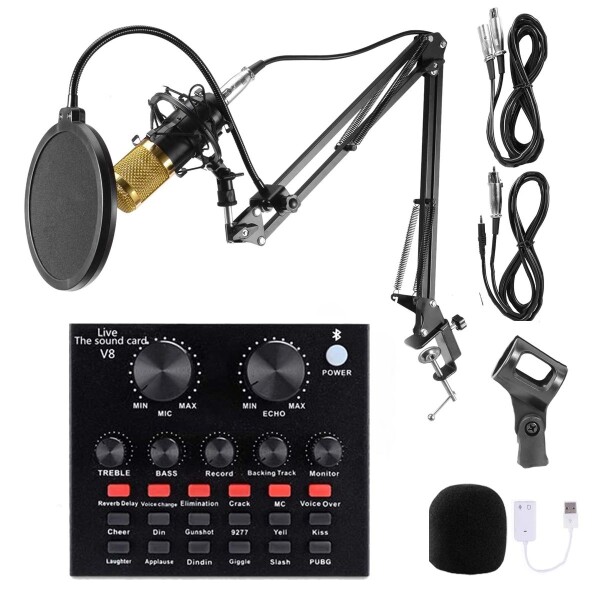 Micrófono Condensador Con Brazo Placa De Sonido V8 Streaming Negro