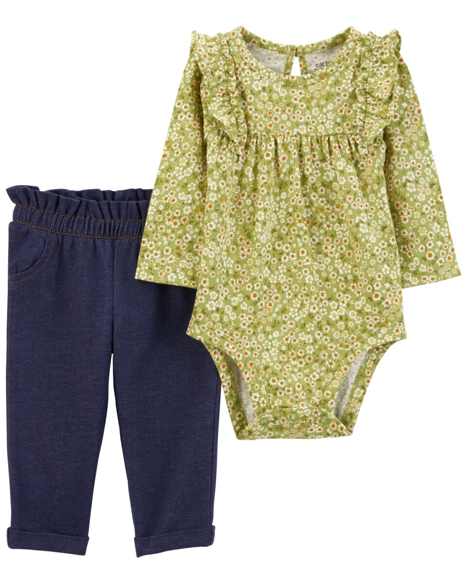 Set dos piezas de algodón, pantalón y body, diseño floral 