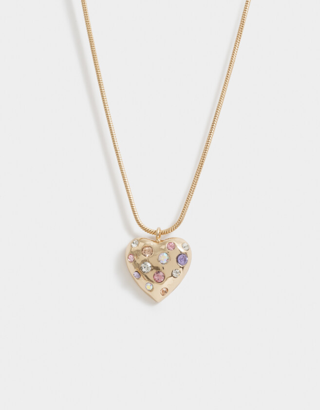 Cadena Corta con Dije Con corazón Collar Corto Con Strass Multicolor - Dorado