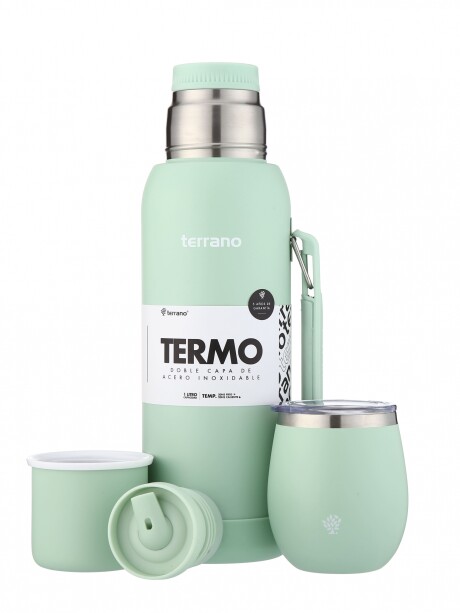 Kit Termo 1LT Con Base De Silicona + Mate De Acero Con Tapa Verde Agua