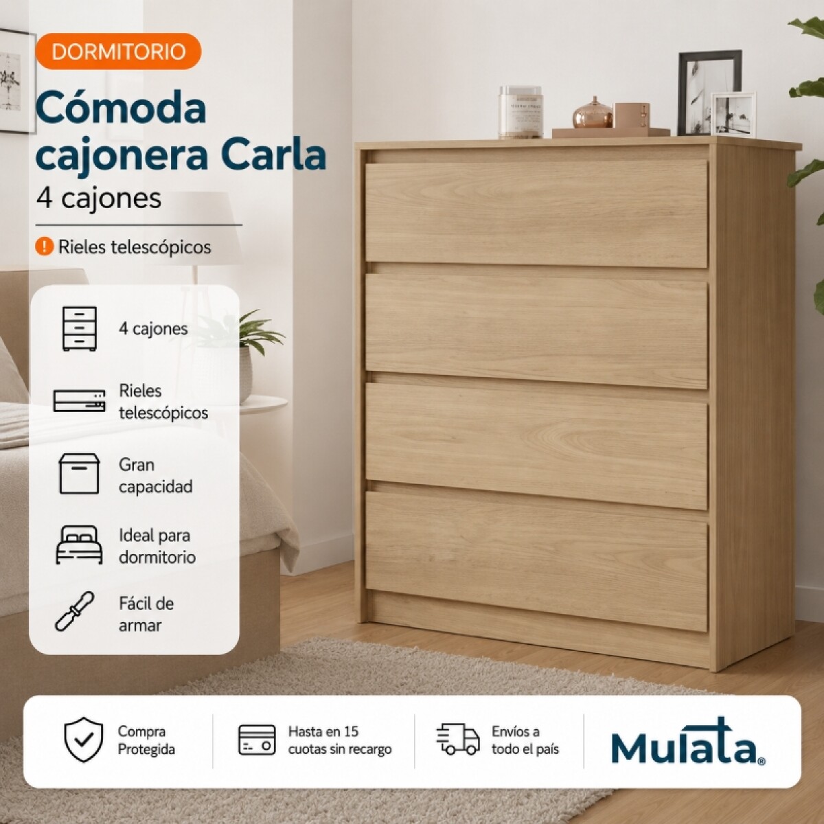 Comoda Cajonera Carla para Dormitorio 4 Cajones con Rieles Telescópicos - Castaño 