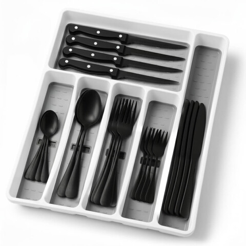 Set de 24 Cubiertos IMBACK IBK-HMJ077 | Acero Inoxidable con Cubertero Organizador de 6 Compartimentos Negro Mate Set de 24 Cubiertos IMBACK IBK-HMJ077 | Acero Inoxidable con Cubertero Organizador de 6 Compartimentos Negro Mate