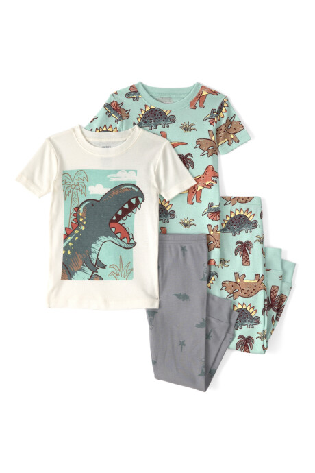 Pijama cuatro piezas de algodón, diseño dinosaurios. Talles 12-24M Pijama cuatro piezas de algodón, diseño dinosaurios. Talles 12-24M