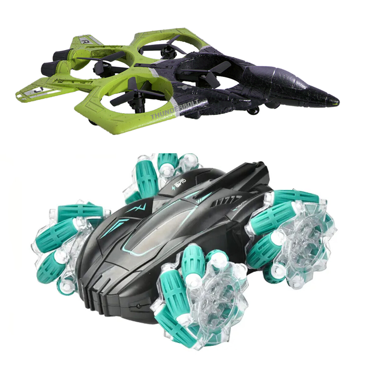 Set Juegos Control Remoto Auto Acrobacia 360 + Avión Combate - Verde 