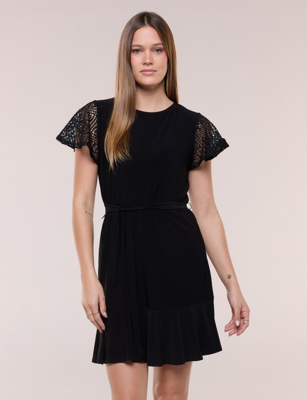 Vestido Corto Con Mangas Broderie NEGRO
