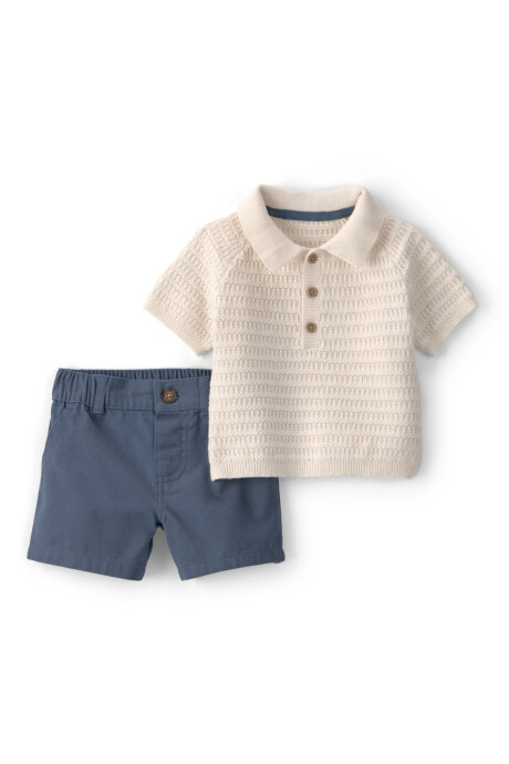 Set dos piezas de algodón, short azul y remera polo crema Sin color