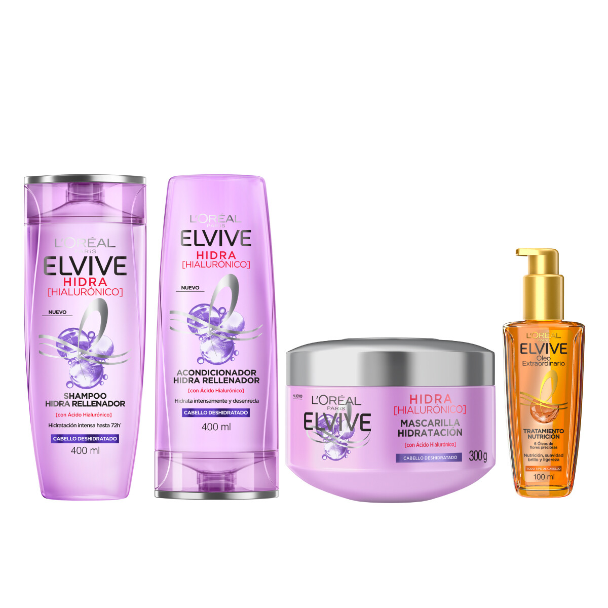 Pack Elvive Hidra Hialurónico - Shampoo + Acondicionador + Mascarilla + Tratamiento Capilar 