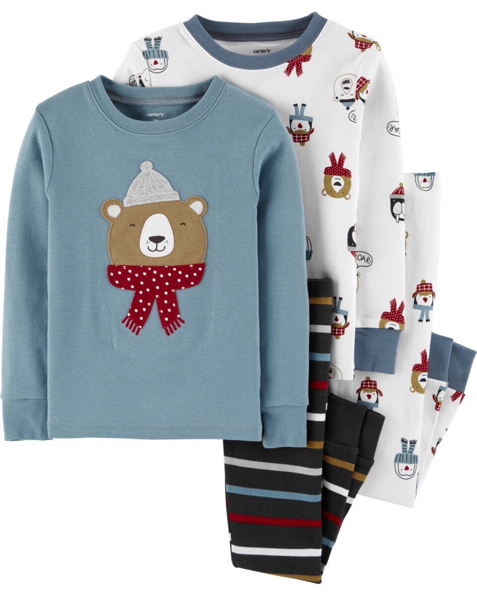 Pijama cuatro piezas de algodón, dos pantalones y dos remeras diseño osos 