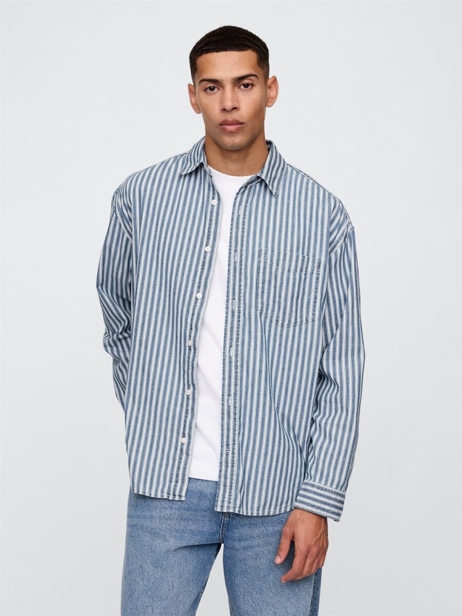 Camisa De Jean A Rayas Hombre - Blue Variegated Stripe 
