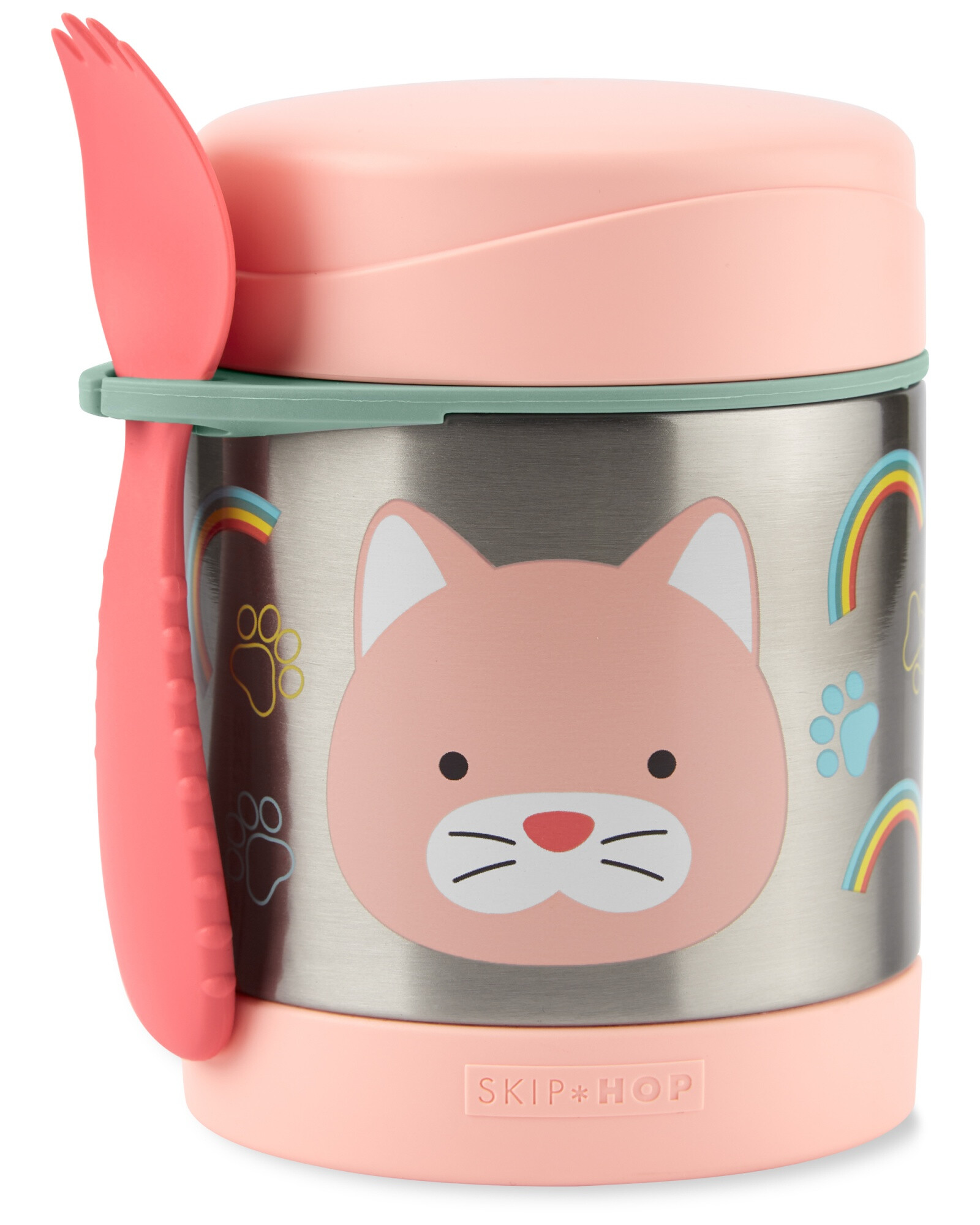 Tupper de acero inoxidable con cubierto, diseño gato Tupper de acero inoxidable con cubierto, diseño gato