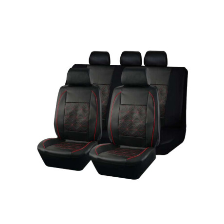 Cubreasiento Eco Cuero Negro Con Detalles Bordados En Rojo Y Gris 9 Piezas