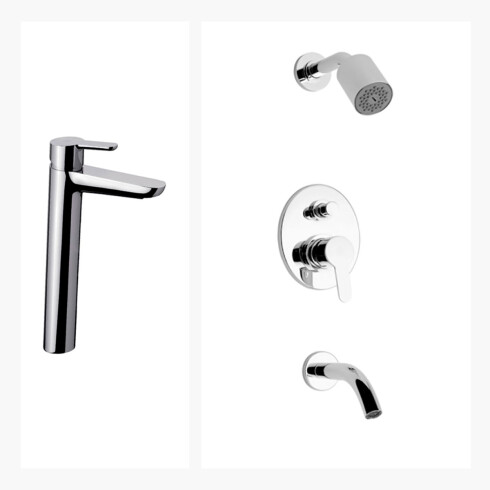 JUEGO DE GRIFERIA, INCLUYE DUCHA EMBUTIDA CON TRANSFERENCIA Y LAVATORIO ALTO LINEA PUELO FV 000