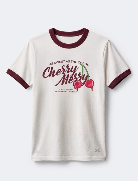 CAMISETA JUVENIL CON ESTAMPADO Y RIBETE EN CONTRASTE BORDEAUX