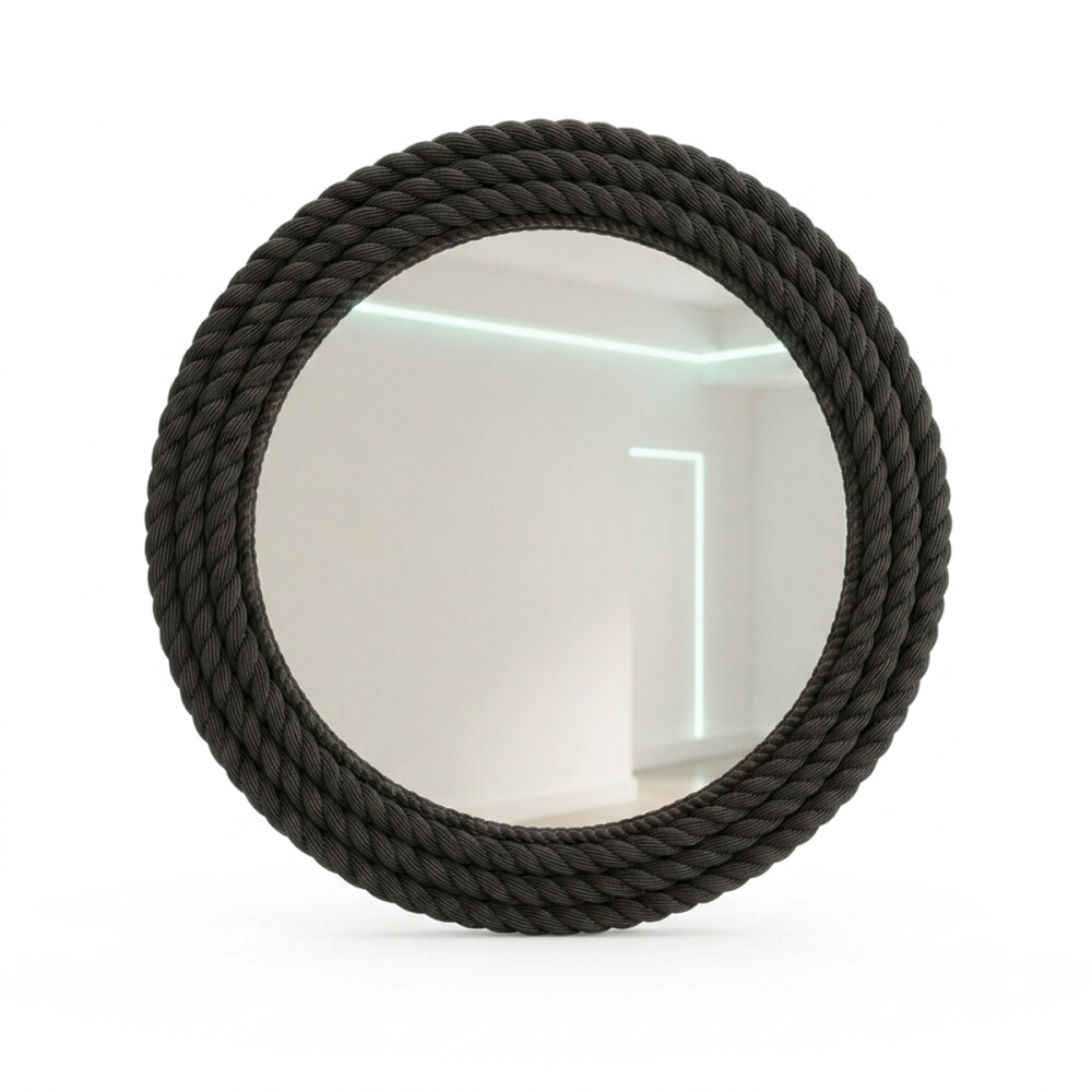 Espejo De Pared Redondo Resina Estilo Rústico Tipo Torneado Negro