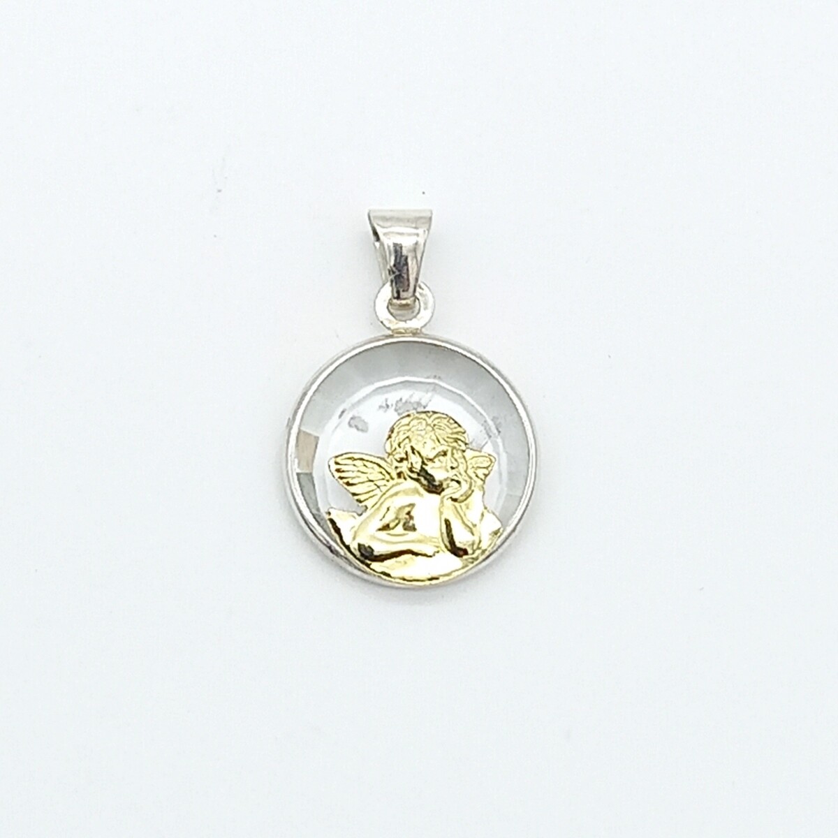 Medalla religiosa de plata, double en oro 18 ktes y cristal, ANGEL RAFAEL. 