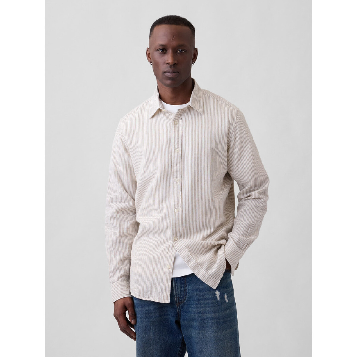 V-LS STANDARD LINEN COTTON - WHITE KHAKI STRIPE 
