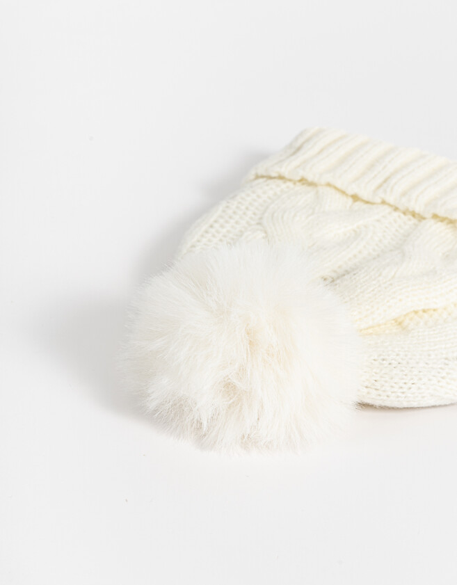Gorro Clasico Gorro Tejido Con Pompón Crudo - Blanco Crudo