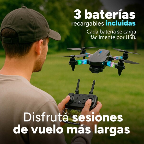 Drone E88D Plegable Pro Cámara 4K Luces RGB 3 Baterias +Accs Color Negro