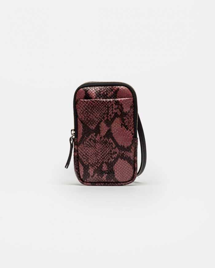 Porta Celular Pia En Cuero Snake Print Metalizado Bordeaux